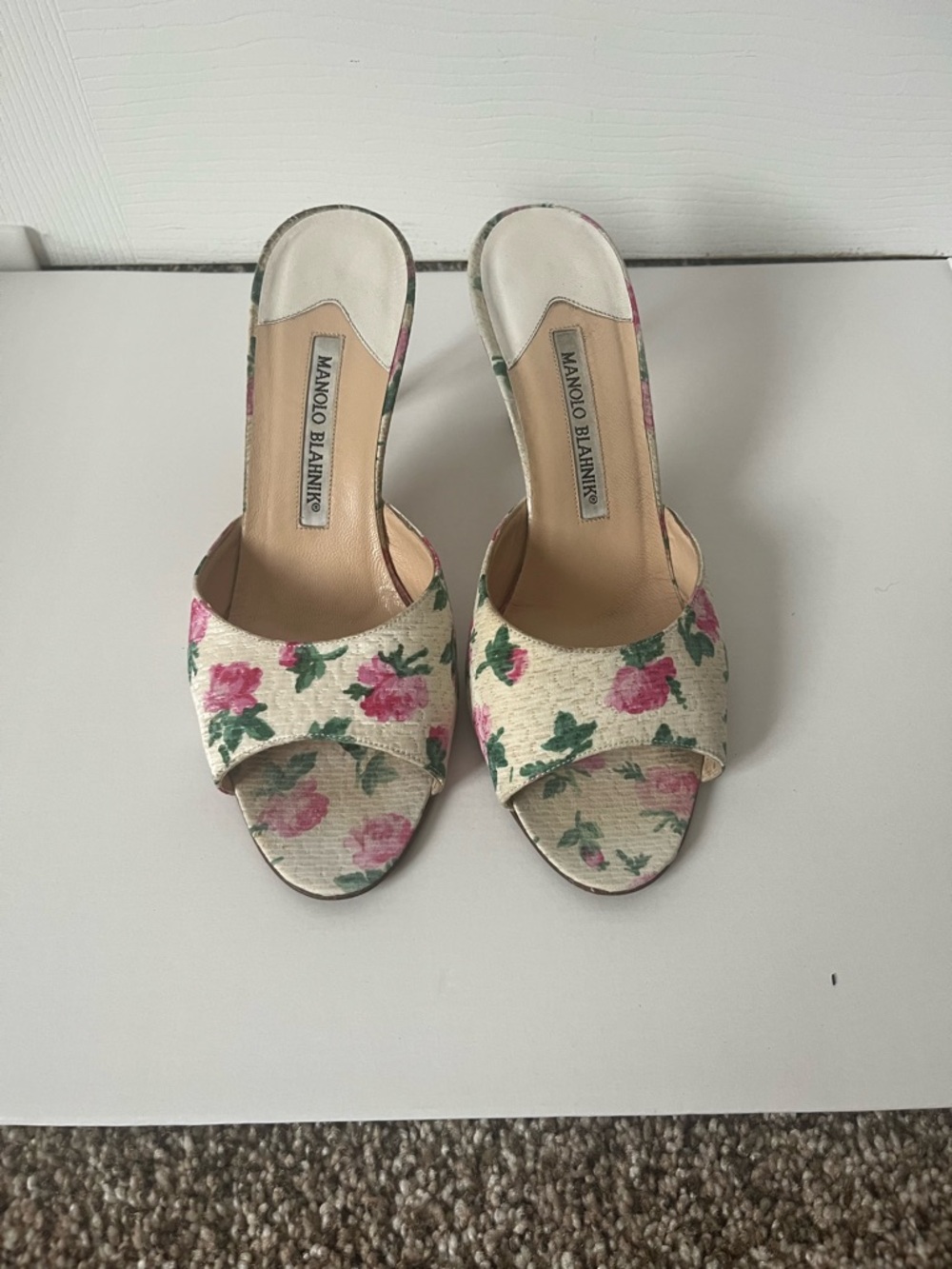 Manolo Blahnik Cream Slip-On Mules with Pink Floral Print